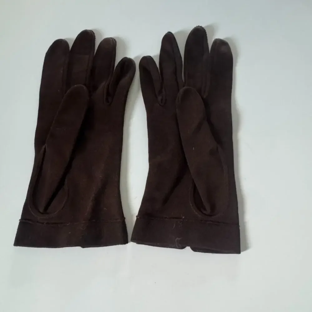 Vintage Brown Dress Gloves Double Woven Fabric with Button Women Size Small